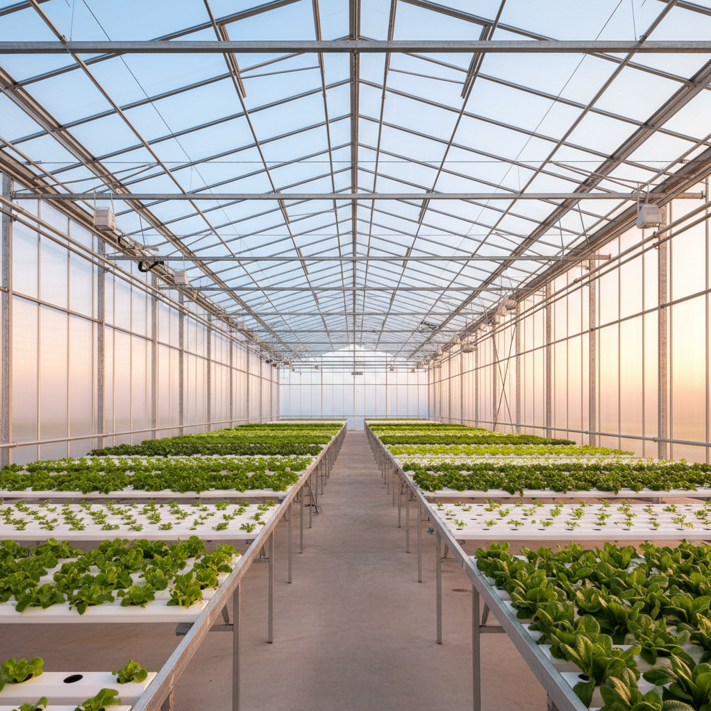 Commercial greenhouse interior glazed with translucent polycarbonate panels over rows of plants