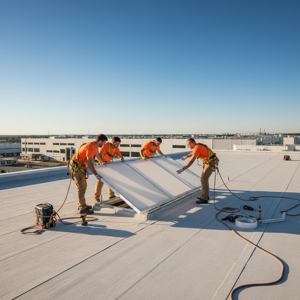 Roofing crew installing a polycarbonate skylight panel on a low-slope commercial roof