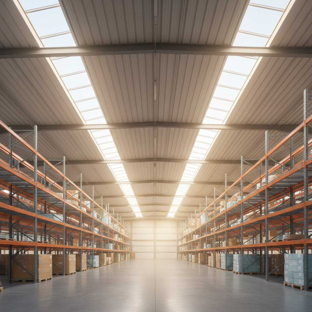 Bright warehouse interior evenly daylit by rows of polycarbonate skylights